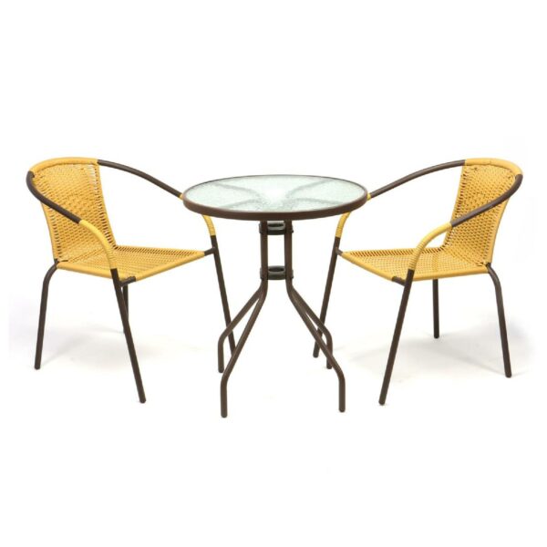 VCM 3-tlg. Bistroset Balkonset Tisch Stuhl braun Sitzgarnitur Glastisch Bistrostuhl Poly-Rattan