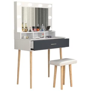 VCM 2 tlg. Schminktisch Hocker Frisiertisch Schminkschrank Kosmetiktisch Spiegel Beleuchtung Schublade Lindas