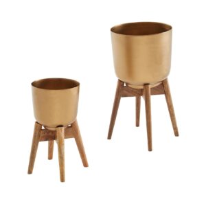 Blumentopf FineBuy Pflanzenkübel 2er Set Metall Holz Gold Rund Pflanzgefäß