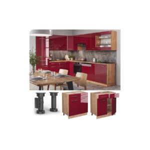 Vicco Schubunterschrank Küchenschrank Küchenmöbel Fame-Line Eiche Rot Bordeaux modern 80 cm Küche Einbauküche Drehtür Schublade Einlegeboden Blende Küchenzeile Hochglanz