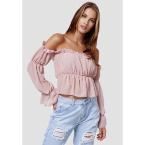 RAYSHYNE Damen Carmenbluse Bauchfreies Carmen Top mit gerafften Ärmeln RS20